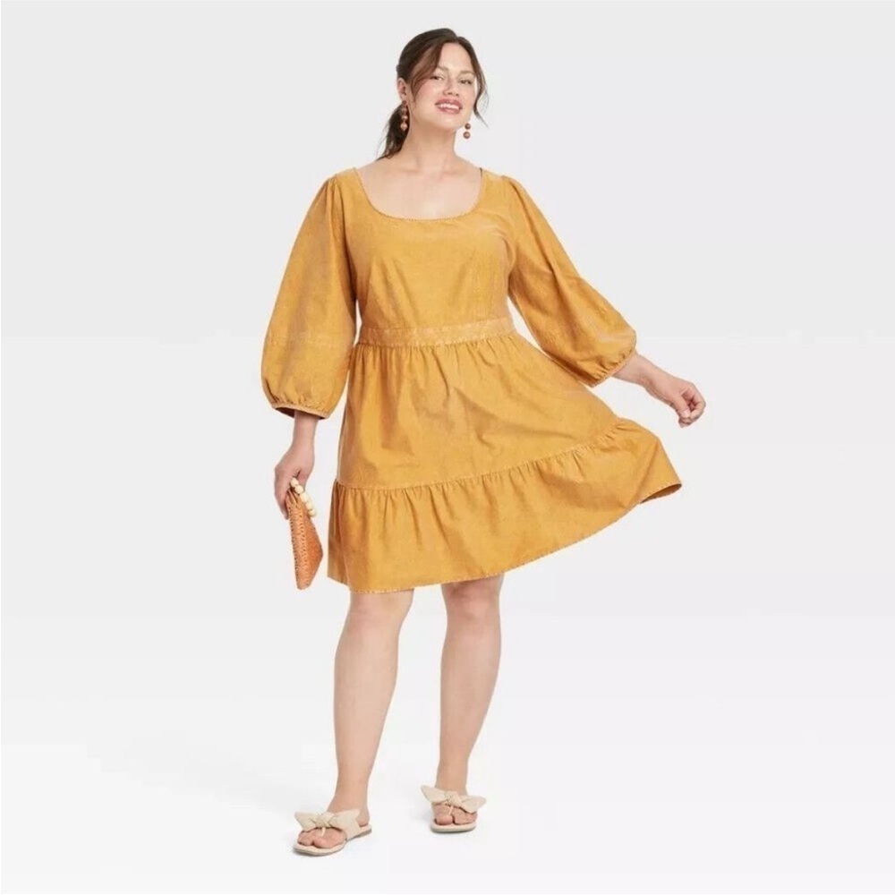 NWT Plus Size Balloon 3/4 Sleeve A-Line Dress Mustard Yellow Marigold